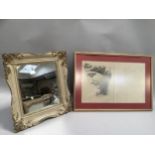 A rectangular standing mirror with ornate composite gilt frame together with a pencil study of a