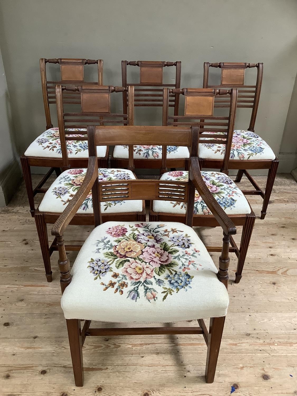 A set of five Regency style mahogany dining chairs with tapestry seats together with a carver - Image 4 of 4