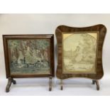 A walnut fire screen inset with needle panel depicting a queen, unicorn and lion together with