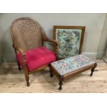 Mahogany verger-backed armchair with upholstered stool on turned legs and mahogany low foot stool on