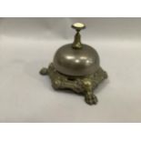 Wilson's Patent brass counter / desk bell with ceramic inlaid top on ornate pierced stand and