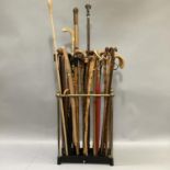 A quantity of walking sticks to include examples of horn, bamboo, antler, fell stick, one with