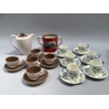 Poole pottery dusky pink and mocha coffee service comprising five cups, four saucers and coffee pot,