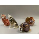 Four Royal Crown Derby paperweights comprising wolf, cockerel, badger and red tabby cat all with