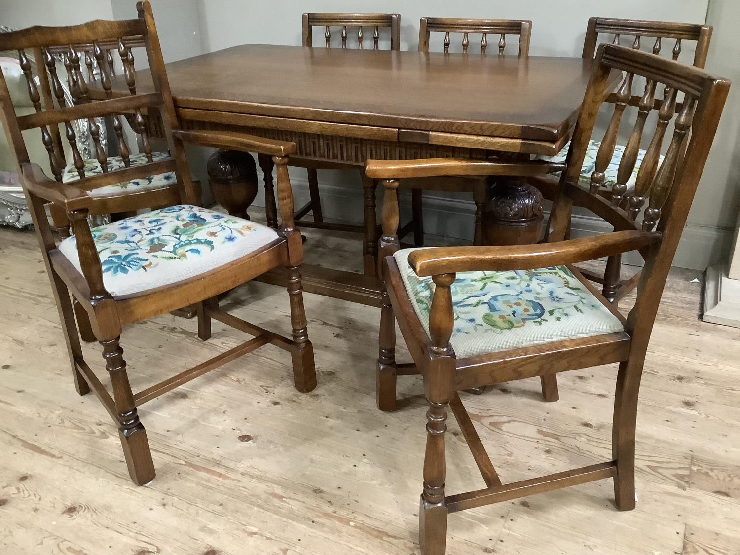 An oak twin baluster support drawer leaf dining table with carved apron together with four spindle - Image 4 of 4