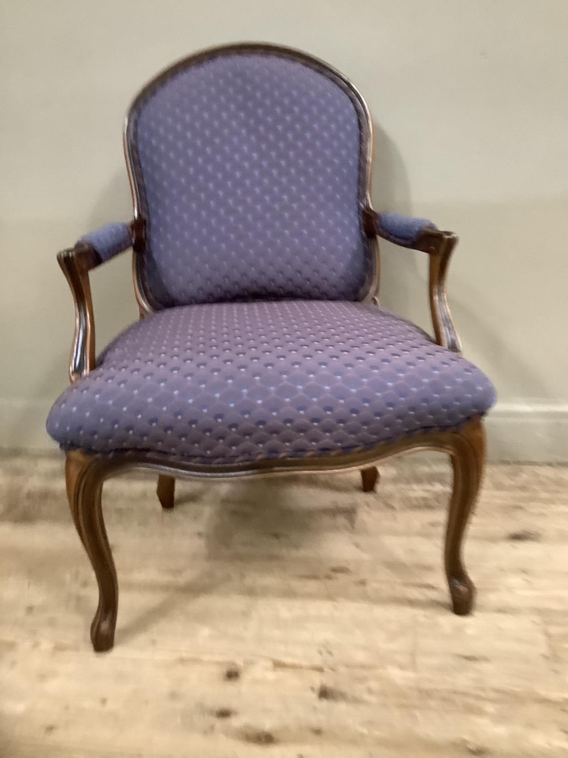 A reproduction French style open armchair on cabriole legs, upholstered in blue and orange scalloped - Image 3 of 5