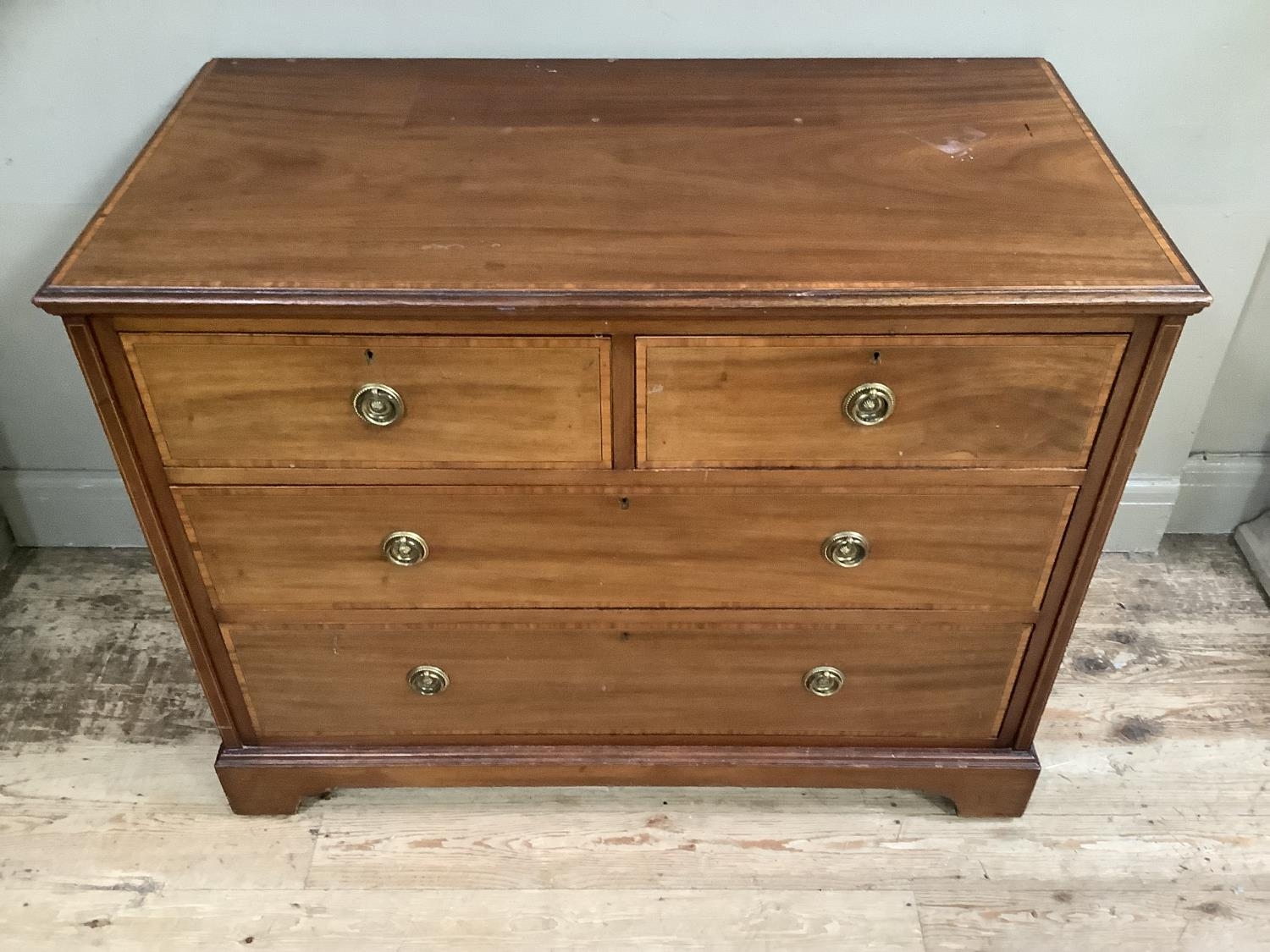 An Edwardian mahogany and satinwood cross banded chest of two short over two long drawers with brass - Image 2 of 2