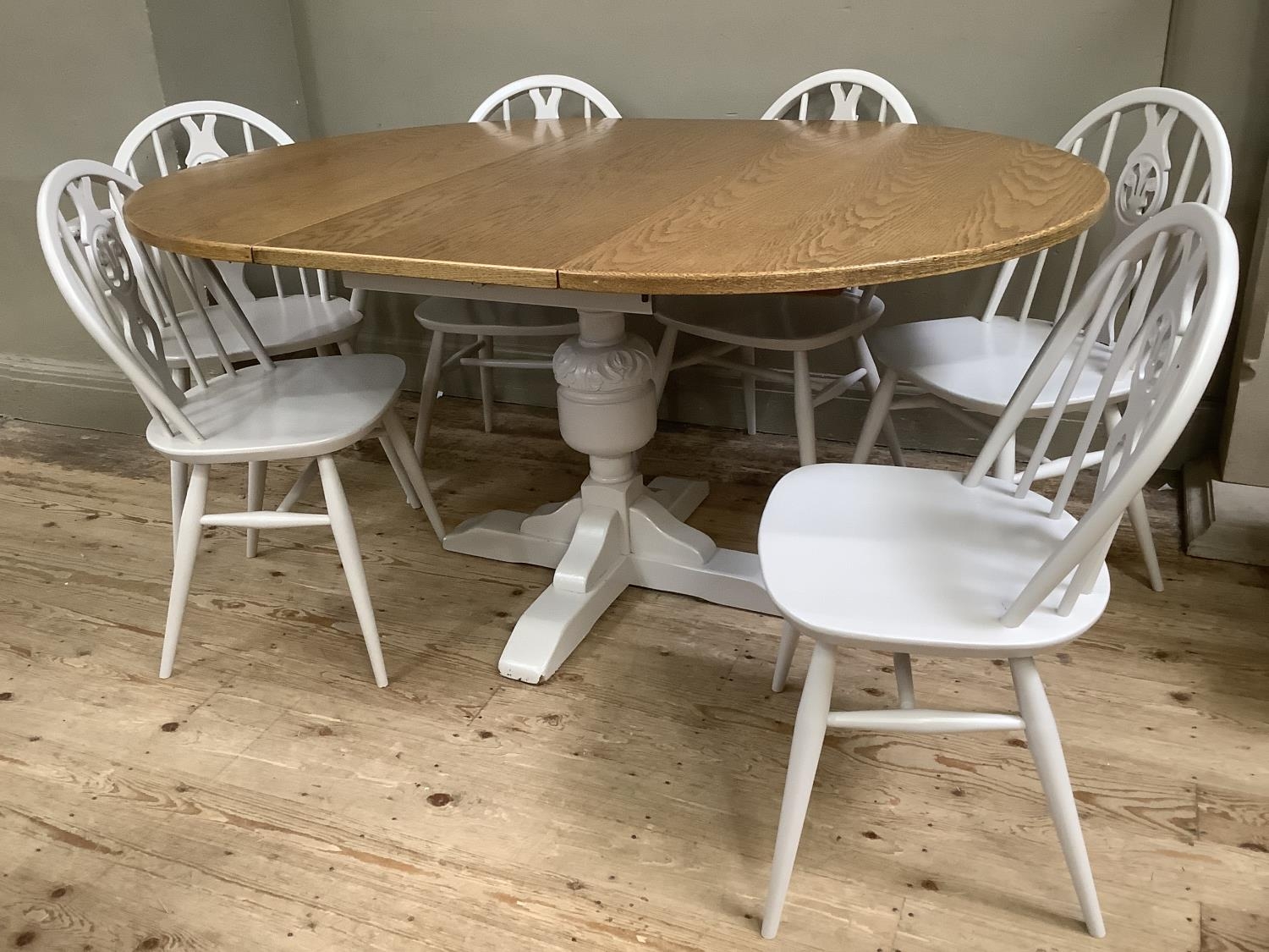 A painted and oak topped dining table with baluster supports and pull out folding leaf together with - Image 6 of 6