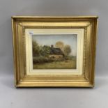 A watercolour indistinctly signed of thatched cottage and chicken in woodland in gilt and moulded