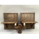 A pair of oak wall shelves formed of panels and brackets 40cm wid together with a wall mounted,