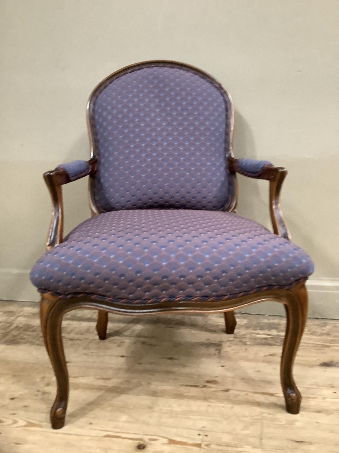 A reproduction French style open armchair on cabriole legs, upholstered in blue and orange scalloped - Image 2 of 5
