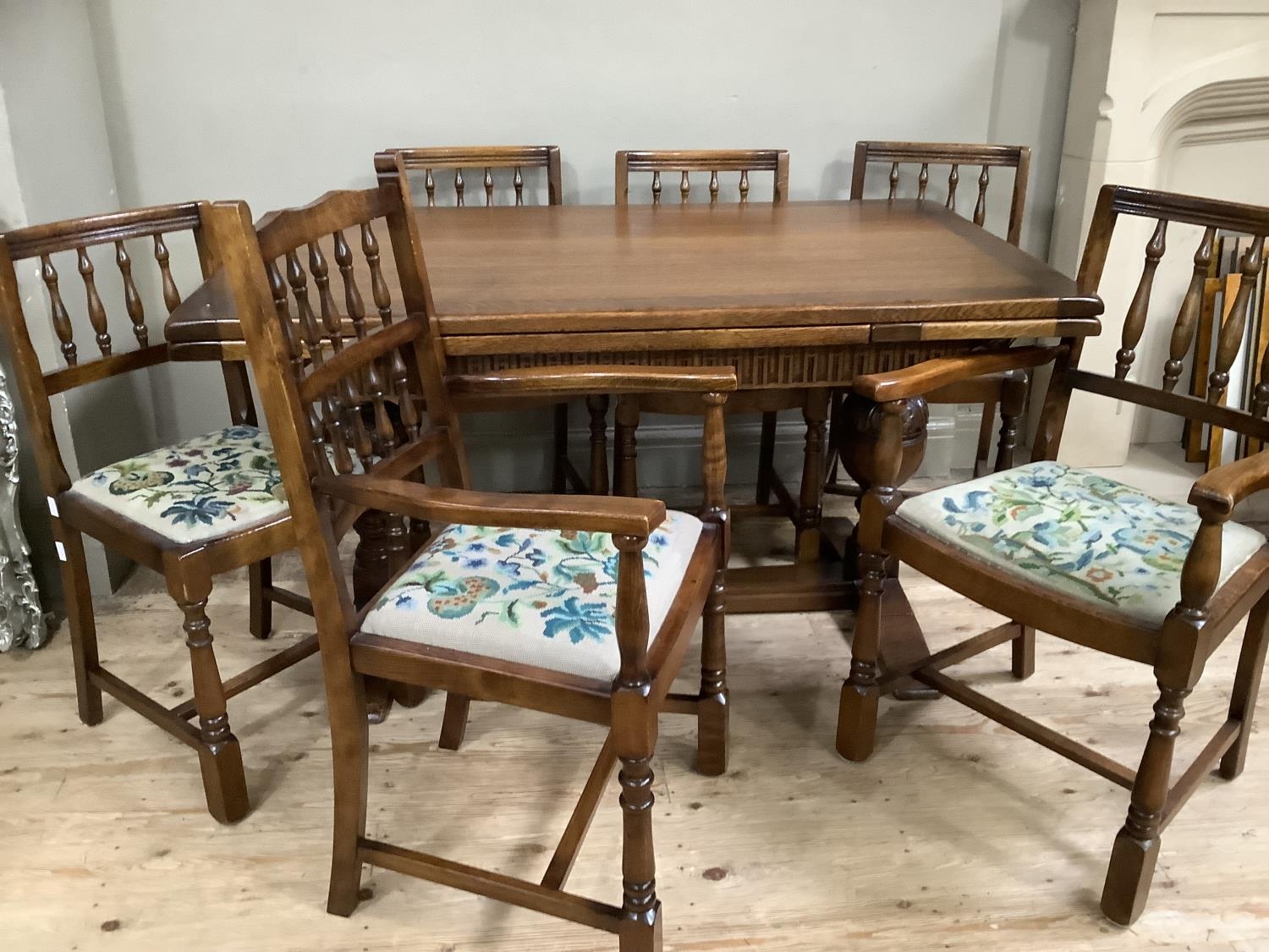 An oak twin baluster support drawer leaf dining table with carved apron together with four spindle - Image 2 of 4