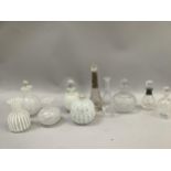 Quantity of glass scent bottles of varying heights and sizes including Murano style with white