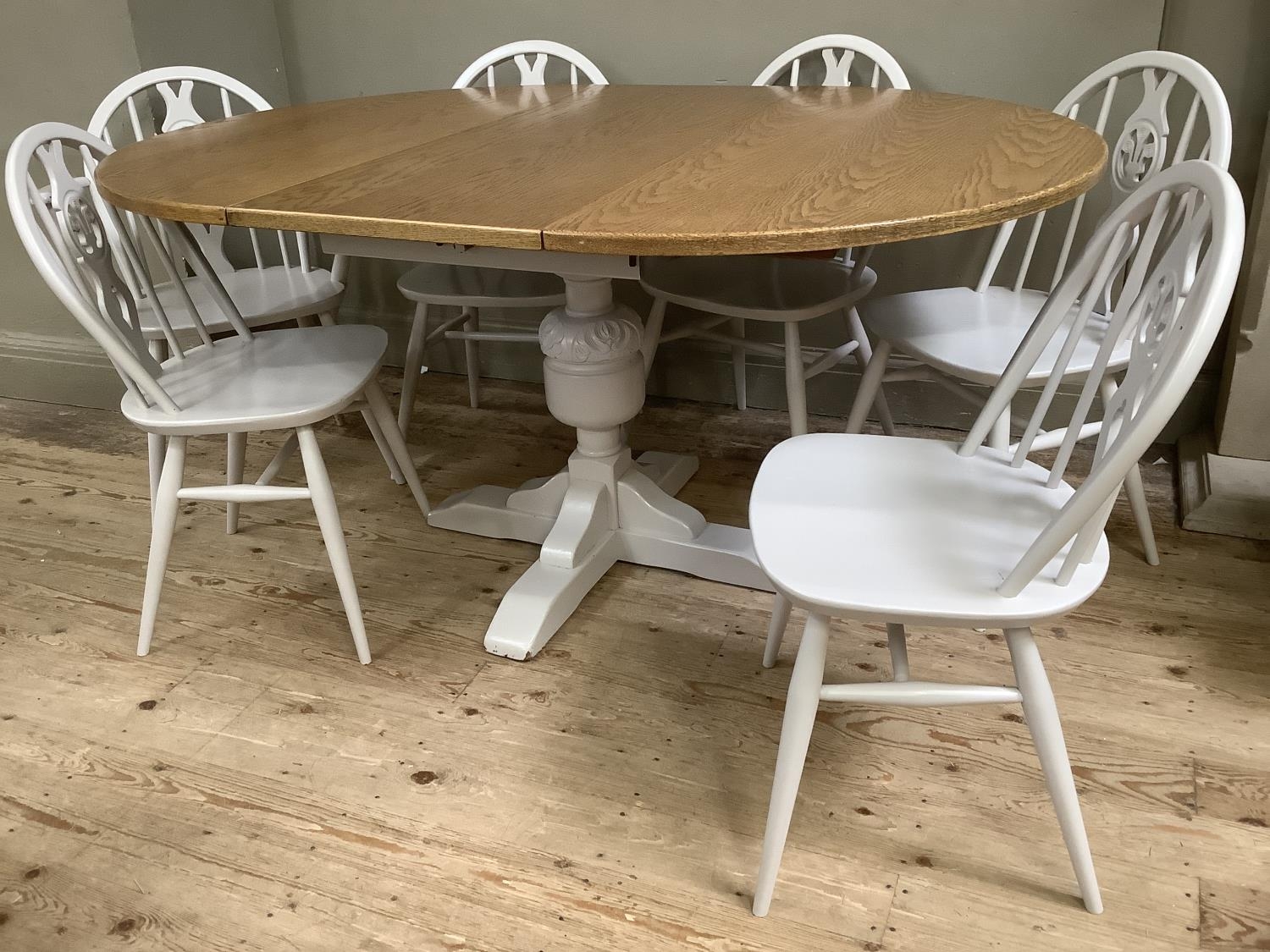 A painted and oak topped dining table with baluster supports and pull out folding leaf together with - Image 4 of 6