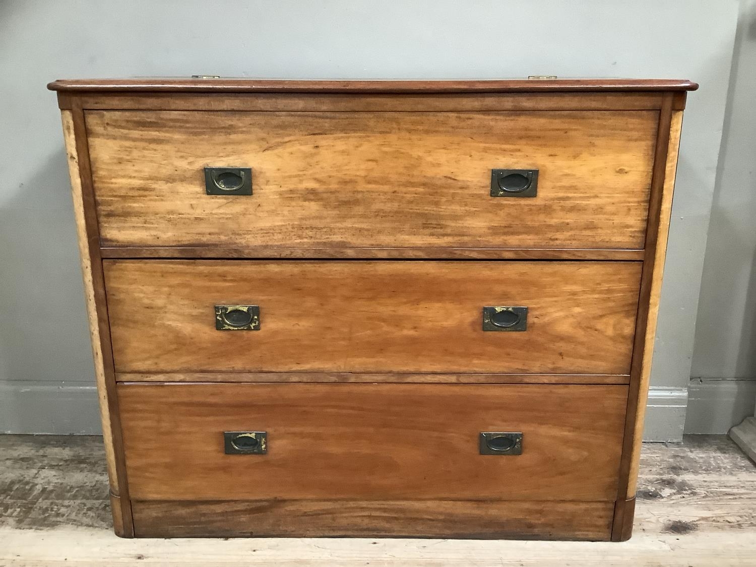 A Victorian satin wood campaign chest with colonnade ends with lift up top with three long drawers - Image 3 of 3
