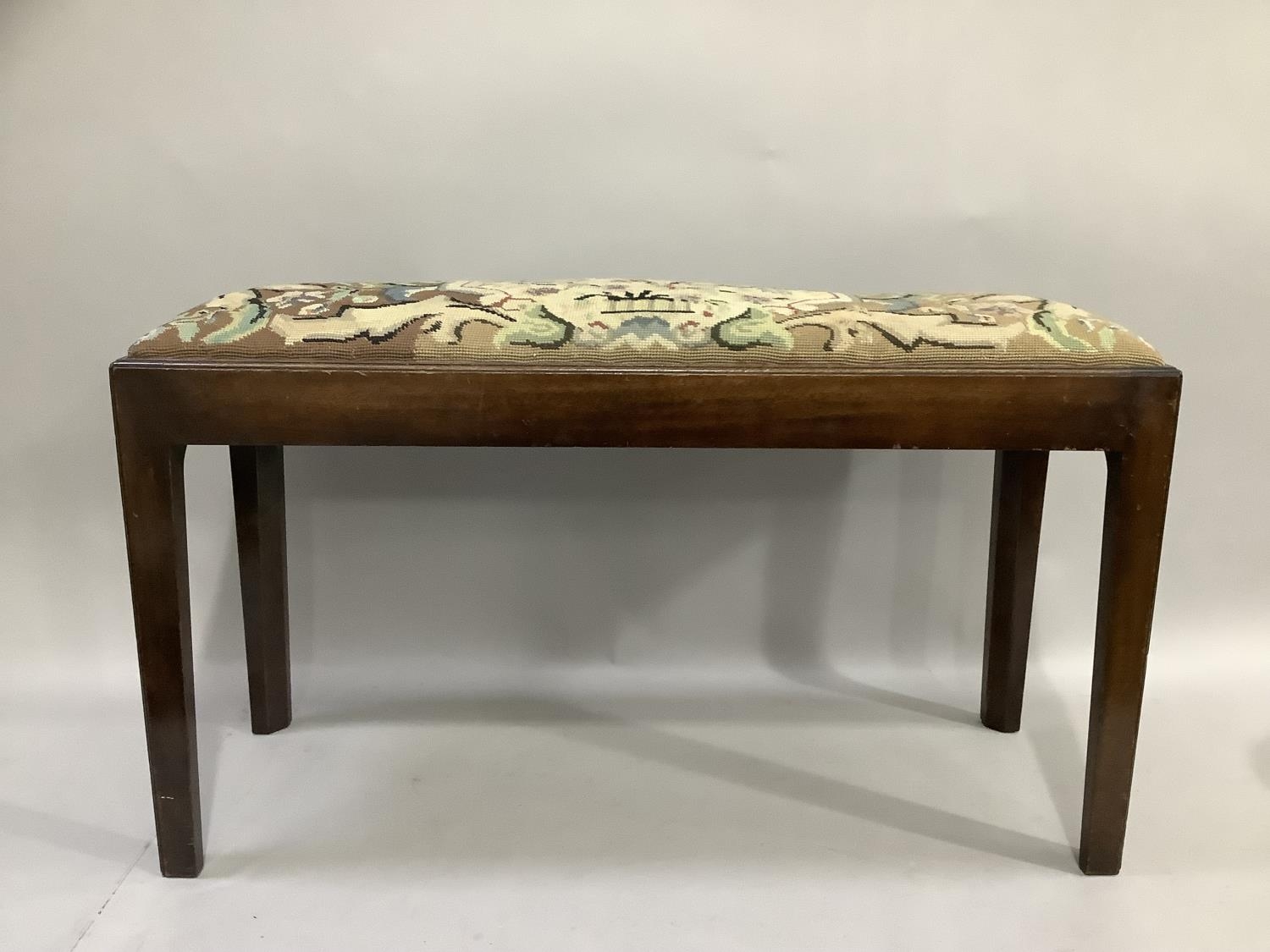 A mahogany reproduction duet stool on square legs with tapestry seat, 85cm wide - Image 2 of 3