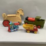 Escoy toy truck with two figures, vintage wooden model train, vintage wooden figure of a horse on