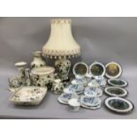 Quantity of Masons Ironstone Chartruse pattern porcelain comprising table lamp with shade, vase,