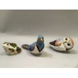 Three Royal Crown Derby paperweights comprising Mulberry Hall York frog out of a limited edition