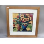A colour print of sunflowers and tulips held in a vase after Georgina Logan, image 50.5cm by 53.5cm,