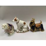 Three Royal Crown Derby paperweights comprising Parson's Russel and Scottish Terrier with gold