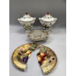 A pair of Coalport china two handled pedestal vases crusted with flowers commemorating the