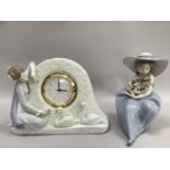 A Lladro clock moulded with a figure of a girl and two swans together with a girl with bouquet.