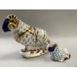 Royal Crown Derby paperweight of a Ram and a Lamb, both with gold stoppers