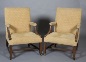 A PAIR OF 18TH CENTURY OR LATER MAHOGANY GAINSBOROUGH CHAIRS on square framing with front brass