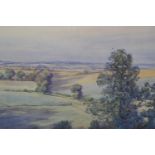 V I HULL, early to mid-20th century, Summer landscape with rolling fields and cottage in the