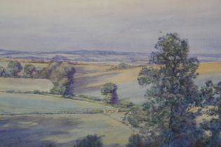 V I HULL, early to mid-20th century, Summer landscape with rolling fields and cottage in the