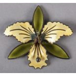 A NORWEGIAN GUILLOCHE SILVER GILT ORCHID BROOCH BY AKSEL HOLMSEN, the petals in green and yellow