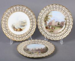THREE EARLY 18TH CENTURY MINTON PORCELAIN CABINET PLATES, hand painted with Cobham Hall, Kent,