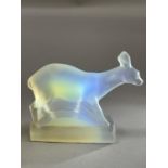 A FRENCH CESARI FRENCH OPALESCENT GLASS ANTELOPE on a rectangular plinth base, moulded signature,