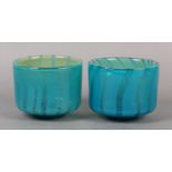A PAIR OF MDINA GLASS VASES OF TURQUOISE AND GREEN VERTICAL BANDS, etched signature to underside,