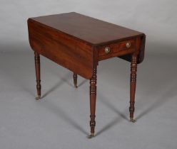 A MID-VICTORIAN MAHOGANY PEMBROKE TABLE, having twin rectangular drop leaves, drawer to the apron