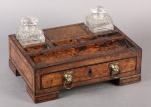 A LATE REGENCY BURR WALNUT DESK STANDISH INLAID WITH EBONY STRINGING, fitted with two square-cut