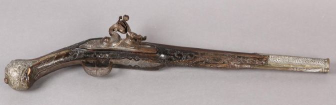 A NINETEEN BORE OTTOMAN FLINTLOCK KUBER PISTOL C1800, tapering barrel with worn chiselled foliate