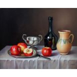 ARR ANDRAS GOMBAR (Hungarian, b.1946) Still life with apples, wine bottle, earthenware jug, oil on