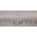 A LALIQUE LEMONADE SET having frosted glass stepped bands of chevrons, jug and six matching