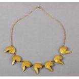 A NORWEGIAN GUILLOCHE ENAMEL SILVER GILT NECKLACE LINKED C1960, each yellow scroll form linked