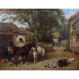 JOHN FREDERICK HERRING SNR (1795-1865) Farmyard with two small plough horses amongst sow and