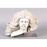 A 19TH CENTURY ITALIAN MARBLE HEAD AND SHOULDERS OF A YOUNG GIRL WITH LONG FLOWING HAIR, mounted