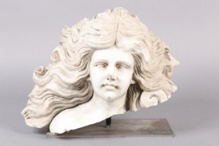 A 19TH CENTURY ITALIAN MARBLE HEAD AND SHOULDERS OF A YOUNG GIRL WITH LONG FLOWING HAIR, mounted