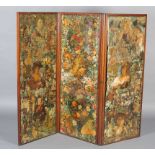 VICTORIAN MAHOGANY AND ELM THREE FOLD SCRAP SCREEN, decoupaged with chromolithographed images, 153cm