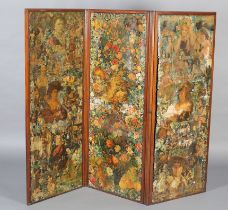 VICTORIAN MAHOGANY AND ELM THREE FOLD SCRAP SCREEN, decoupaged with chromolithographed images, 153cm
