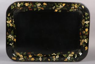 A MID-19TH CENTURY PAPIER MÂCHÉ TRAY, rectangular with rounded corners, the black ground painted and