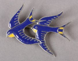 A DANISH CLOISONNE SILVER SWALLOW BROOCH by Eric Magnussen and Volmer Bahna, c1980, the blue and