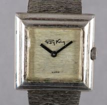 A ROY KING LADY'S MANUAL WRISTWATCH C1973, in a stepped square silver case, Swiss jewelled lever