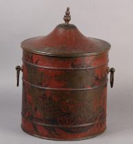 A LATE VICTORIAN JAPANNED COAL VASE, cylindrical the domed cover with bud finial, the body painted